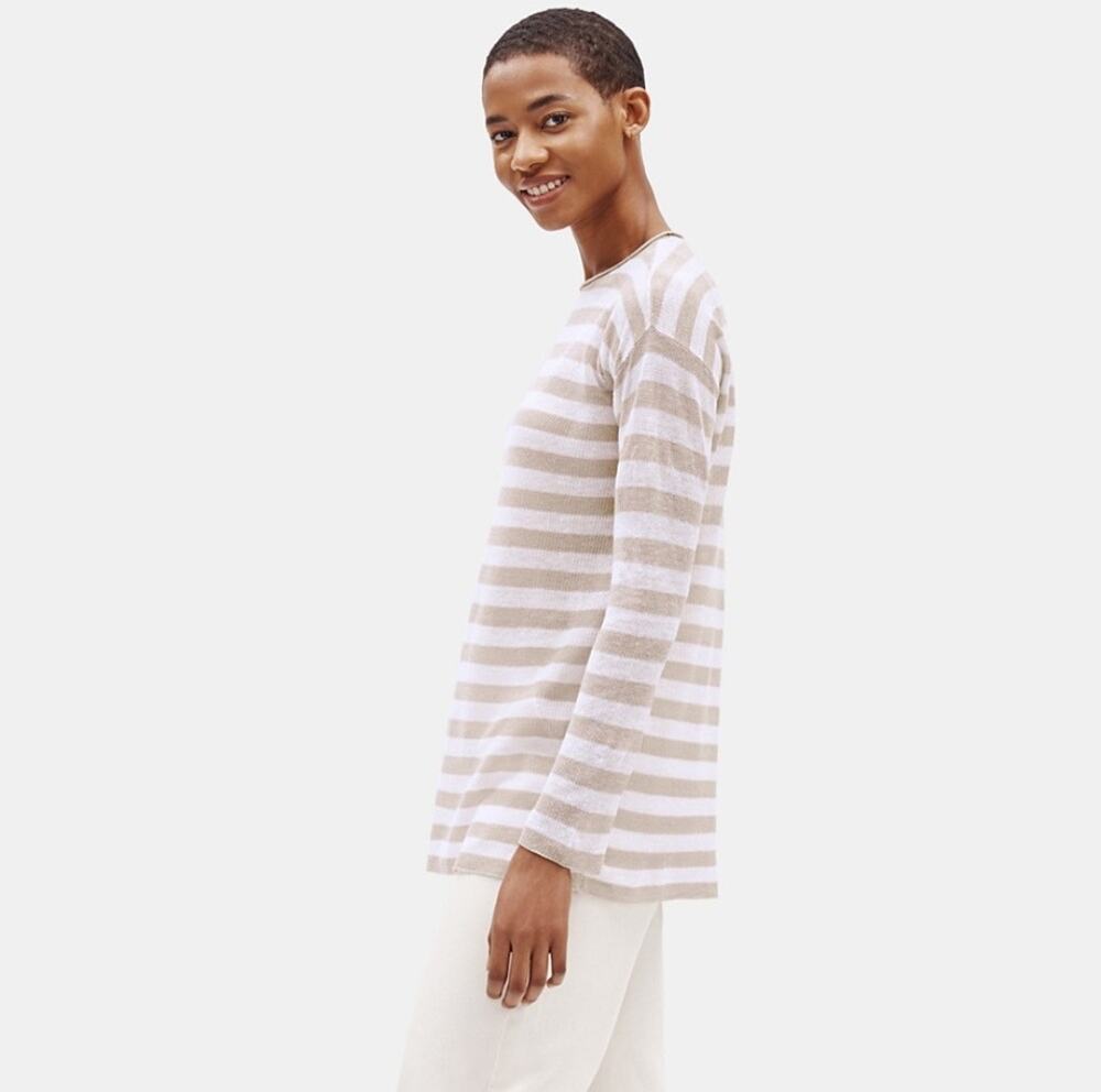Eileen Fisher Natural/White Striped Organic Linen Cotton Crew Neck Tunic Size XS